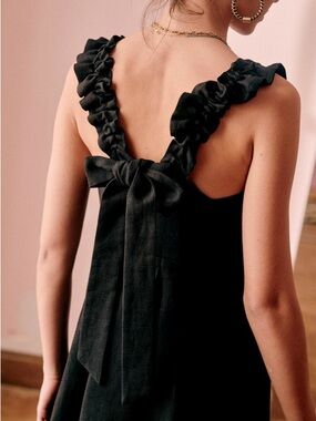 SEZANE Black 100% Linen Ruffle Sleeveless Pleated Bow Back Lizon Mini Dress